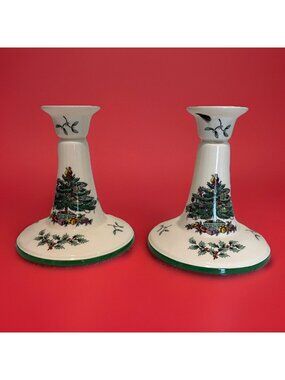 VTG Spode Christmas Tree Ceramic Candle Holders Candlesticks England Set of 2